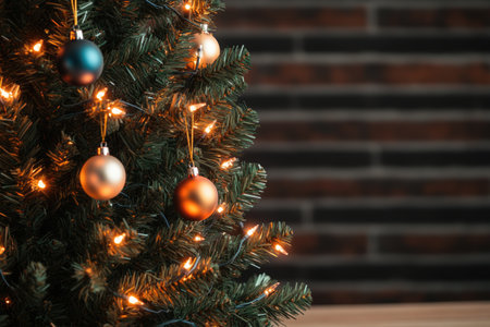 Beautiful Christmas tree with lights on brick wall background, closeupの素材