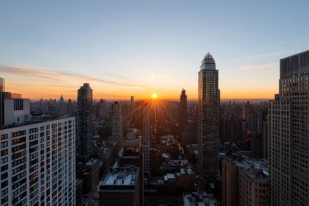 Aerial view of Chicago skyline at sunset, Illinois, USA.の素材