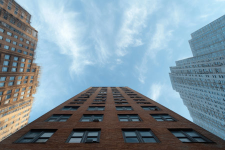 Low angle view of New York Manhattan midtown skyscrapers.の素材