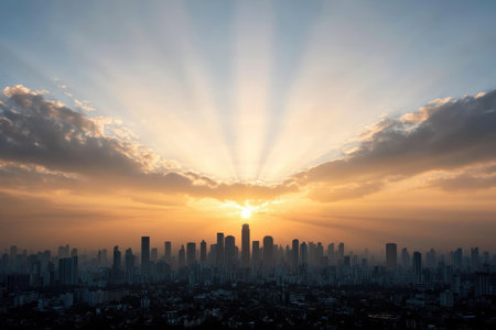 Beautiful sunset over Bangkok cityscape with sunbeams, Thailandの素材