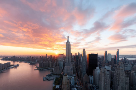 New York City Manhattan downtown skyline at sunset with Empire State Building.の素材