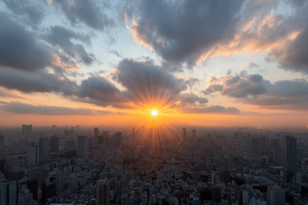 Aerial view of sunset in Shenzhen, Guangdong, Chinaの素材