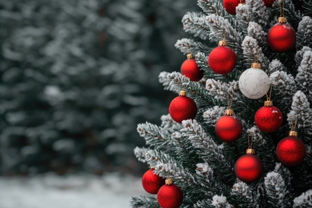 Close-up of a Snowy Christmas Tree Decorated with Red Baublesの素材