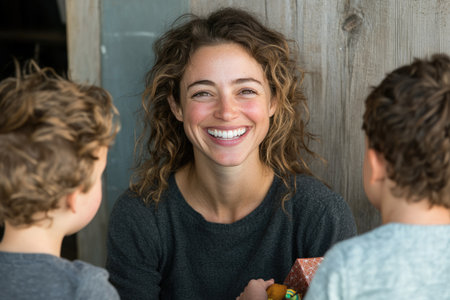 Close up portrait of smiling African American mother and her two children with gift box on bed at homeの素材