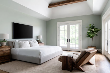 Happy family watching TV at home in the evening. Mother, father and children.の素材