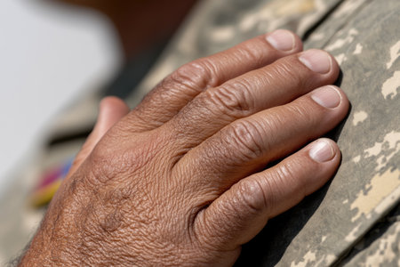 Close-up of Military Veteran's Hand on Heart During National Anthemの素材