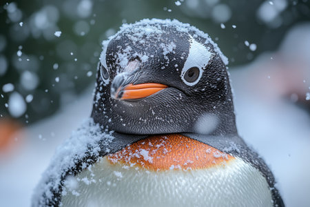 Intimate Close-Up of Penguin's Face with Snow Aroundの素材