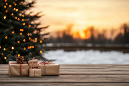 Snowy Holiday Scene with Christmas Tree and Presentsの素材