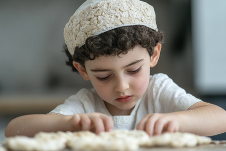 Portrait of a little boy kneading dough in the kitchenの素材