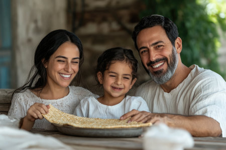 Portrait of a happy family looking at camera and smiling while having breakfastの素材