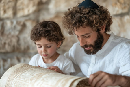 Father and son reading a book together in the living room at homeの素材
