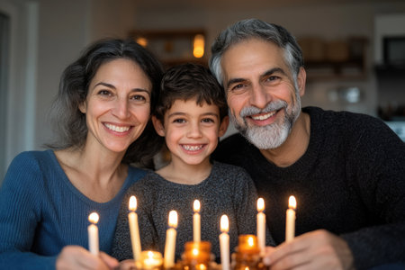Portrait of happy family with candles at home in the living roomの素材