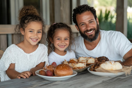 Portrait of happy family having breakfast together at table in patio at homeの素材
