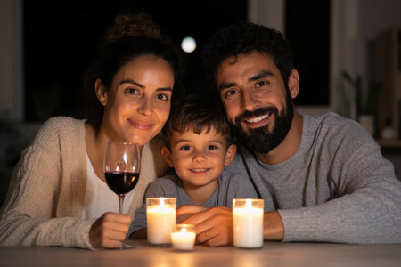 happy family with wine glass and candles at home in the evening at homeの素材