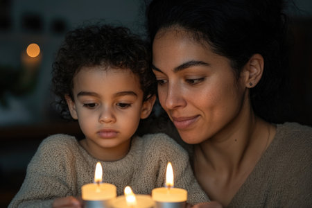 Mother and daughter lighting candles in living room at night, closeupの素材