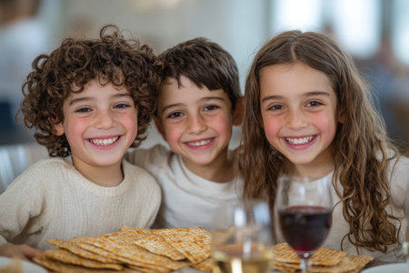 Portrait of smiling kids sitting at table with matzah in restaurantの素材