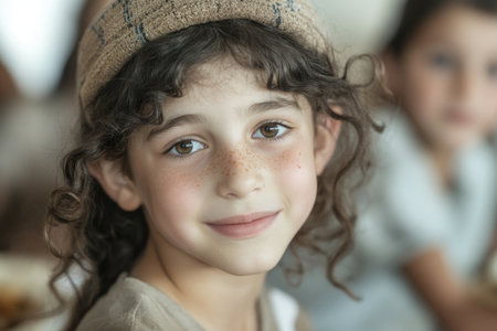 Portrait of a little girl in a hat with curly hair.の素材