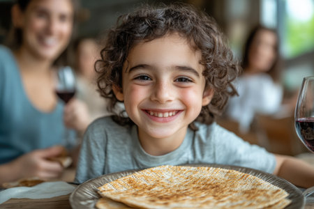Portrait of smiling little boy holding plate with pancakes at table in cafeの素材