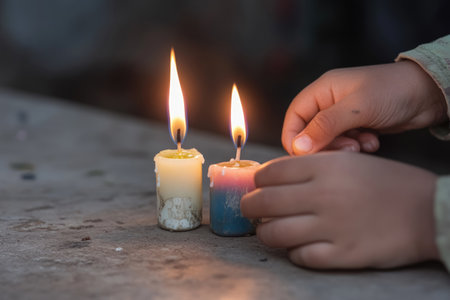Child's hands holding a burning candle in the dark. Selective focus.の素材