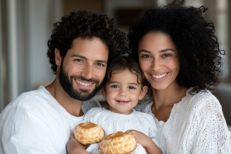Portrait of happy young family with little daughter holding donuts at homeの素材
