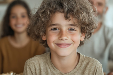 Portrait of smiling boy looking at camera with parents in background at homeの素材