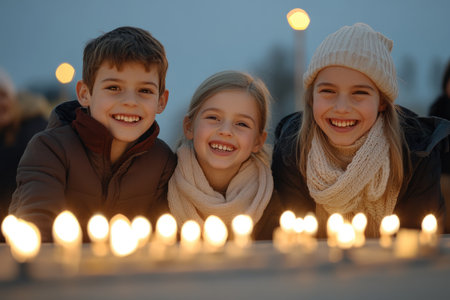 Group of happy kids with candles in the park at Christmas timeの素材
