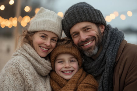 Happy family in warm clothes outdoors on winter day, focus on manの素材
