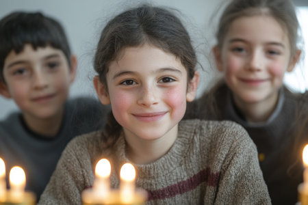 Portrait of smiling girl and boys lighting candles in room at homeの素材