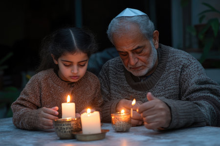 Grandfather and granddaughter are lighting candles in the evening at home.の素材