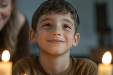 Portrait of smiling boy looking at camera in dark room at homeの素材