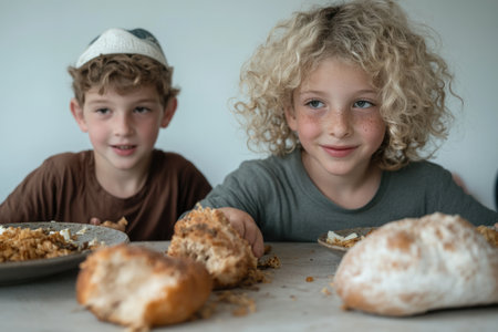 Two little kids, boy and girl, eating homemade bread at homeの素材