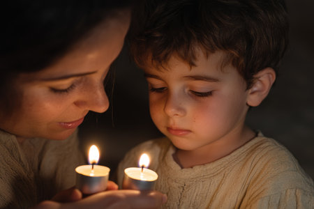 Mother and son lighting candles in the dark. Selective focus.の素材