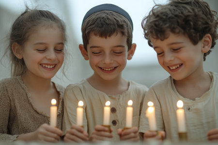 Group of children lighting candles in church during Hanukkah celebrationの素材