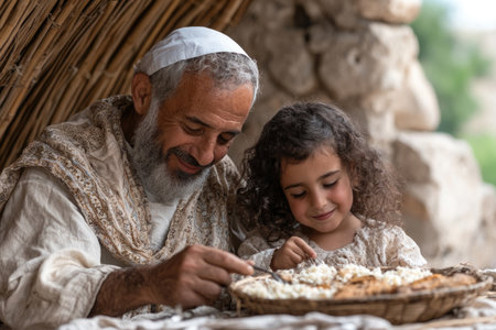 Grandfather and granddaughter eating bread together in the arabic villageの素材