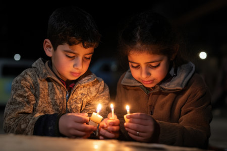 Cute little boy and girl lighting candles in the dark at nightの素材