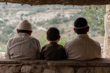 Three boys sitting in front of the window of an old house, back viewの素材