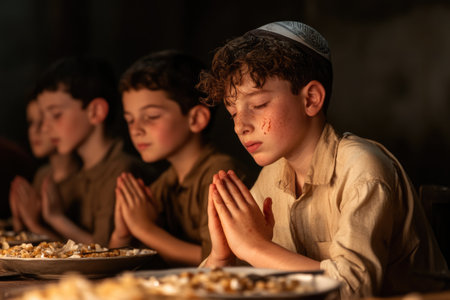 Muslim kids praying before eating popcorn during Ramadan Kareem celebration at nightの素材