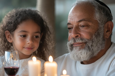 Portrait of senior man and his granddaughter looking at each other while holding candlesの素材