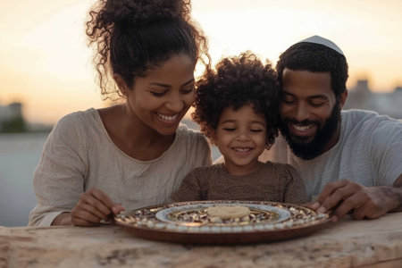 Happy african american family spending time together. Mother, father and little daughter sitting at table and eating cookies.の素材