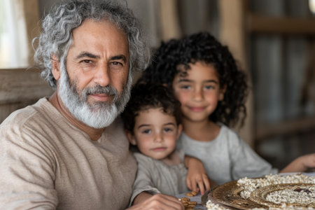 Portrait of a senior man with his grandchildren in the background at homeの素材