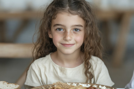 Portrait of a beautiful little girl with curly hair in a restaurantの素材