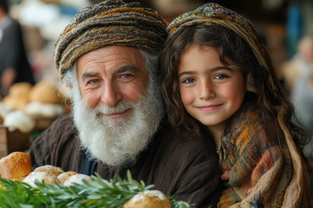 Portrait of an old man with a little girl in the marketの素材