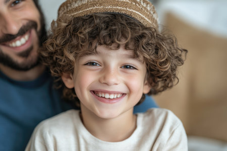 Portrait of smiling father and son looking at camera in living roomの素材