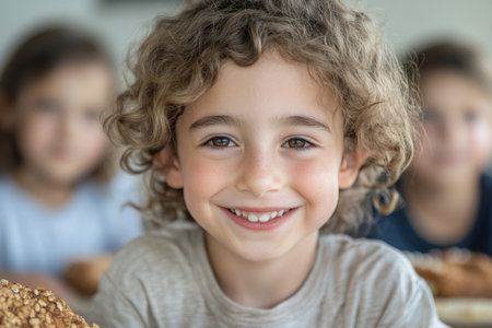 Portrait of cute boy with curly hair looking at camera at homeの素材