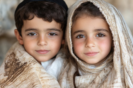 Portrait of two little kids wrapped in a blanket looking at the cameraの素材