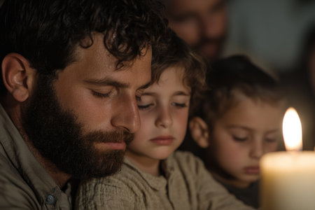 Closeup portrait of a father with his son and daughter in a churchの素材