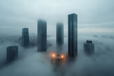 Foggy city skyline with skyscrapers emerging from morning mistの素材