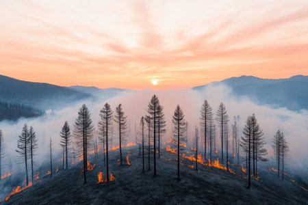 Foggy sunrise on the top of a mountain with pine treesの素材