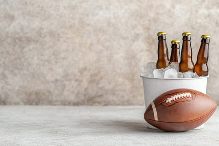 Beer bottles with ice cubes and football ball in bucket on gray backgroundの素材