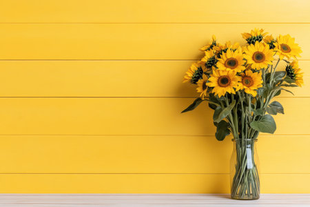 Bouquet of sunflowers in vase on yellow wooden backgroundの素材